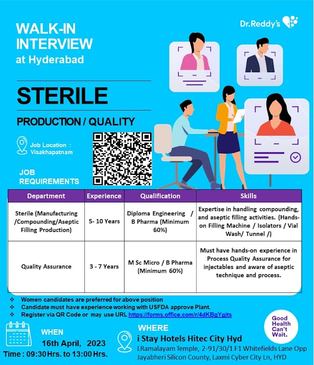 Dr Reddy's Laboratories | Walk-in interview for Sterile Manufacturing & Quality Assurance on 16th April 2023