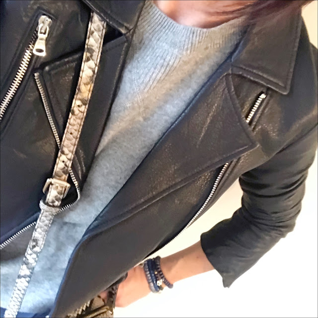 My Midlife Fashion, hm cashmere crew neck sweatshirt, massimo dutti navy leather biker jacket, massimo dutti snake print cross body bag, golden goose superstar leather low top trainers, great plains timed out tencel culottes