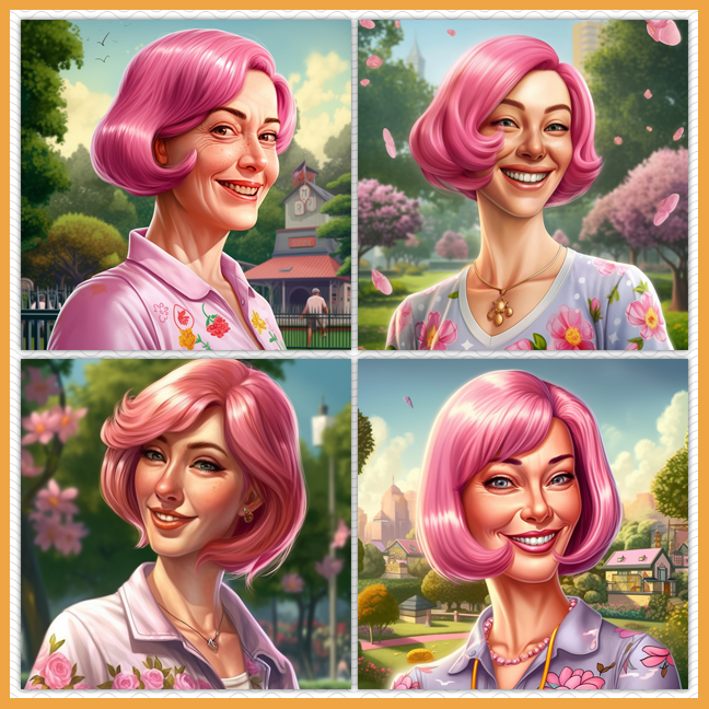 4 illustrations of a pink haired woman character graphic