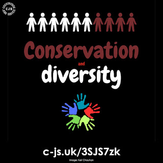 a drawing of stick people and a circle of coloured hands. Text reads: Conservation and diversity