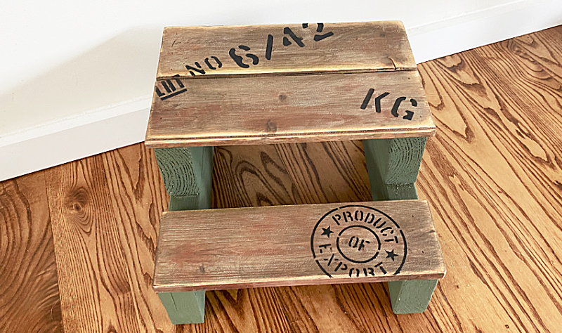 wooden step stool with crate stamps