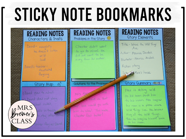 Sticky note reading bookmarks for comprehension notes during reading for Kindergarten, First Grade, and Second Grade