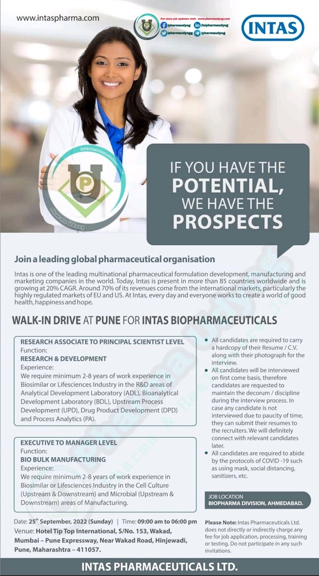 Intas Biopharma | Walk-in interview at Pune for Mfg and R&D Ahmedabad location on 25th September 2022