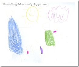 Goofy's drawing of our family (notice he stated spelling on his own - wuv =-)
