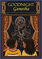 Two young children are staring out a window. We see them from the back. Out in the stars like a constellation, there is an image of Ganesha. There is a face and trunk of an elephant and four human arms with hands and two legs and human feet. The book has a dark cover with gold and red patterns in the curtains and designs.