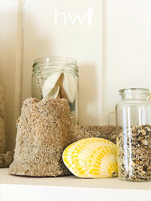 summer,seashells,DIY,diy decorating,decorating,seasonal,beach style,coastal style,painting,just for fun,neutrals,tutorial,painted sand castles,summer mantel decor,seashell displays.