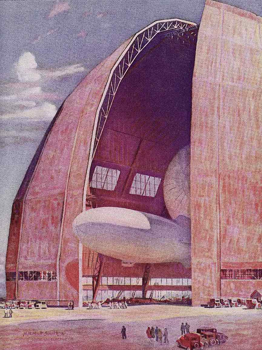 a color illustration of a 1933 dirigible hangar