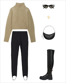 Over-The-Knee Boots Fall Winter Outfit Idea With Neutral Turtleneck, Black Cat-Eye Sunglasses, Huggie Hoop Earring, Kate Spade SHoulder Bag, Stirrup Ribbed Leggings, and Lug-Sole Boots