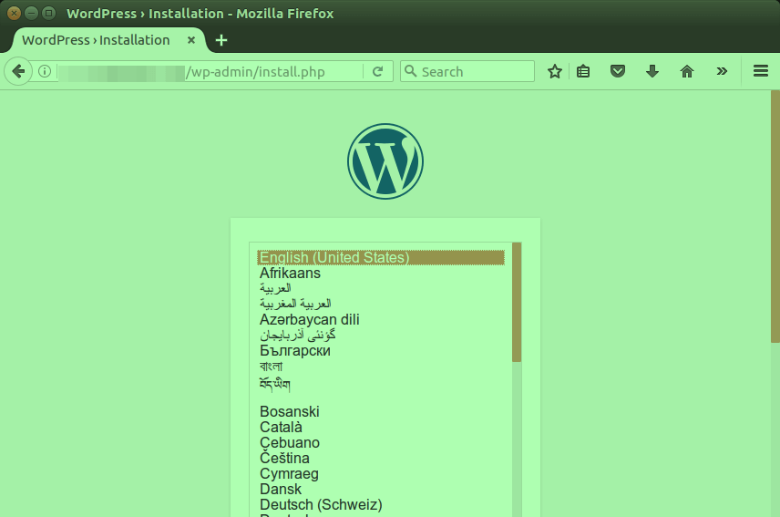 WordPress installation process page