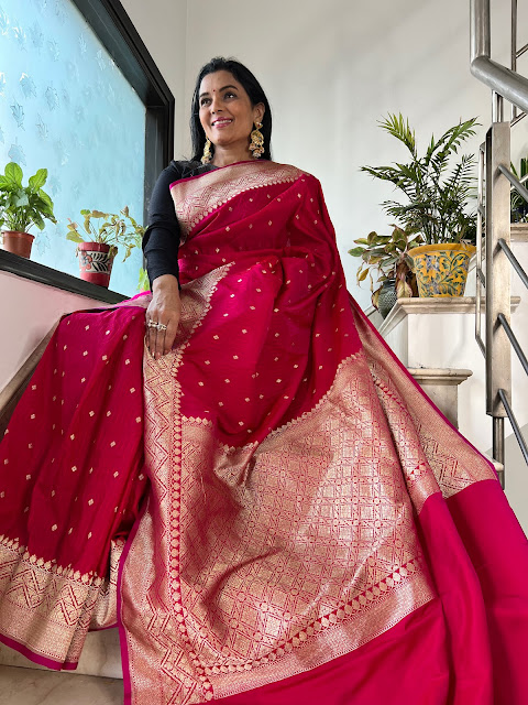 Red mushroo silk tanchoi saree