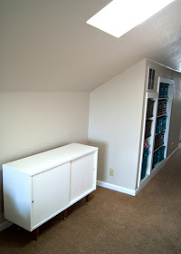 Mid century credenza and Martha Stewart Sandpiper on the walls and ceiling