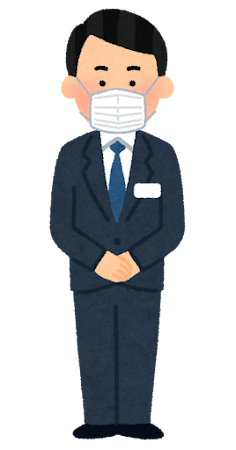 マスクを付けたスーツの人のイラスト（男性）