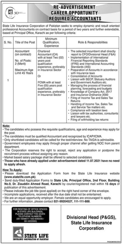 Latest State Life Insurance Corporation of Pakistan Accounting Posts Karachi 2022