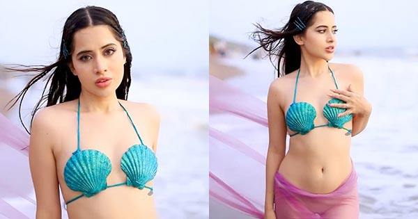 600px x 315px - Urfi Javed in nude color underwear with sheer sarong and sea shell style  bikini shows her bold style.