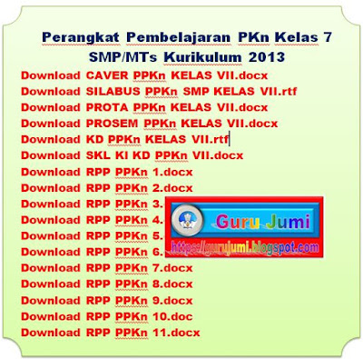 Unduh Perangkat Pembelajaran Kurikulum 2013 PKN SMP/MTs Kelas VII (7) Cover, Silabus, Prota, Prosem, KD, RPP 1-11.docx, https://gurujumi.blogspot.com/