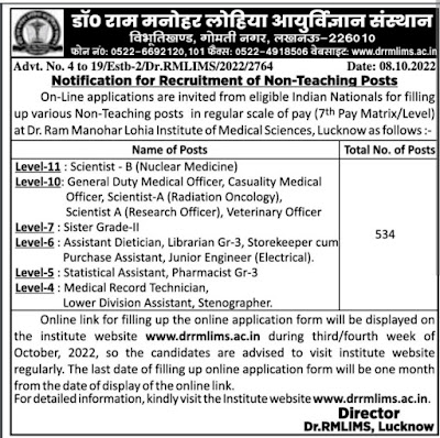 Dr. RMLIMS Recruitment 2022: Notification released for 534 non-teaching posts in this central government institution under degree eligibility.. Here are the complete details..