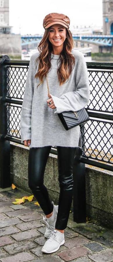 casual style addiction / hat + grey sweaterdress + leather pants + bag + sneakers