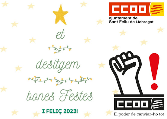 Imatge amb el text "et desitgem bones festes i feliç 2023" i el logo de CCOO Sant Feliu