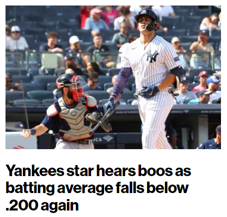 Yankees' Giancarlo Stanton booed as average falls below .200 : r