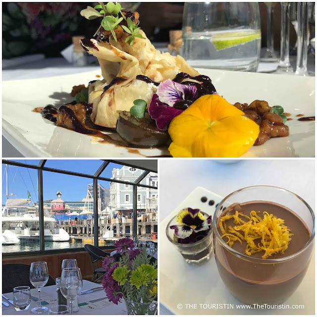 Vegetables decorated with edible flowers. The view towards a red lighthouse from the table of a restaurant. Chocolate Mousse in a glas decorated with edible flowers.