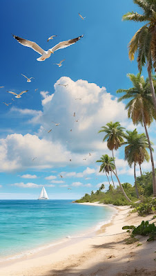 Seagulls flying over tropic beach and sea with sailboat