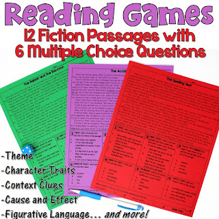 These reading games are perfect for test prep! This set includes 12 fiction passages written for 4th and 5th grade students. After reading each passage, students answer 6 multiple choice questions. Reading skills include theme, character traits, context clues, cause and effect, figurative language, and more!