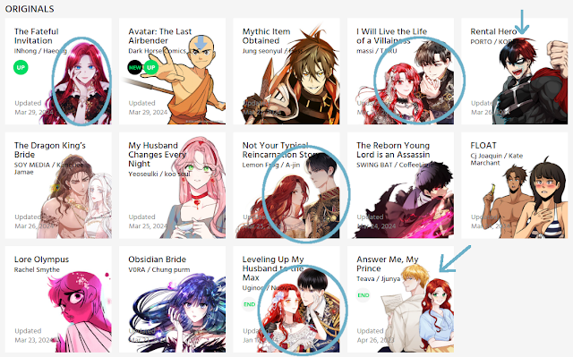 Screenshot of my Webtoons Originals subscription page. It lists the following stories in order: "The Fateful Invitation", "Avatar: The Last Airbender", "Mythic Item Obtained", "I Will Live the Life of a Villainess", "Rental Hero", "The Dragon King's Bride", "My Husband Changes Every Night", "Not Your Typical Reincarnation Story", "The Reborn Young Lord is an Assassin", "FLOAT", "Lore Olympus", "Obsidian Bride", "Leveling Up My Husband to the Max", and "Answer Me, My Prince". Each webcomic link has the title, the creator's name(s), the last update date, and an image, usually the main character(s) posed. There are blue circles around the images for "The Fateful Invitation", "I Will Live the Life of a Villainess", "Not Your Typical Reincarnation Story", and "Leveling Up My Husband to the Max". For the latter three, the thumbnail is of the two romantic leads: a woman with long, wavy, red hair in a fancy dress and pressed against the chest of a slender man in royal/military-esque garb and has short, straight, black hair with shaggy bangs. The circled image for "The Fateful Invitation" is also of a woman in a fancy dress with long, wavy, red hair. There is also an arrow pointed towards the image for "Rental Hero" which has the main character mid-transformation from his short, black hair with shaggy bangs to his doppleganger form, which has red hair. Another arrow is pointed at the thumbnail for "Answer Me, My Prince", which also has a female lead with long, wavy, red hair. She's in modern clothing, though, and is back-to-back with the romantic interest, who has short, blonde hair with shaggy bangs.