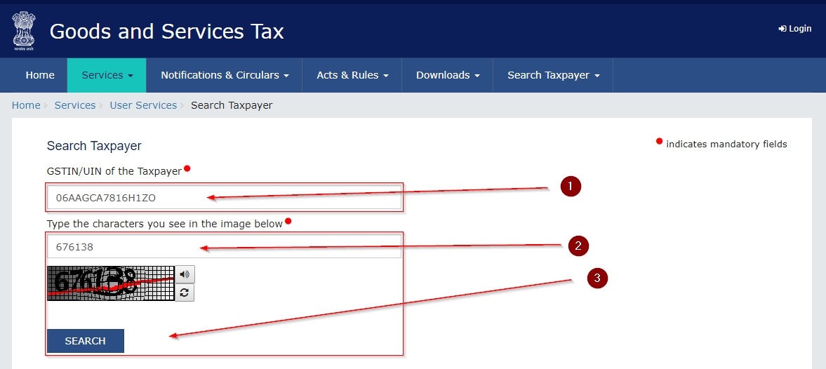 search taxpayer with gst number