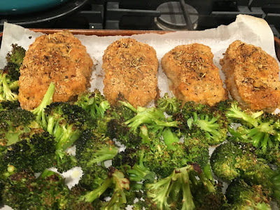 make my day camp Jill Pasant doctored up shake and bake with parmesan cheese and Italian seasoning, rub pork chops with mustard and dip in the seasoned mix. Roast on a sheet pan with broccoli florets for a one dish meal. 