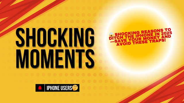 Person holding a cracked iPhone with a warning sign overlay, highlighting reasons not to buy an iPhone in 2025.