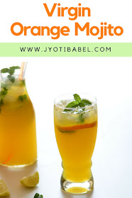Virgin Orange Mojito is a perfect non-alcoholic party drink. With orange juice, a dash of ginger juice and aerated drink, this is simple, fuss-free recipe. Check the recipe at www.jyotibabel.com