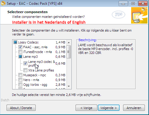 EAC Codec Pack [YPS] installatie, beweeg je muis over een van de componenten voor een beschrijving.