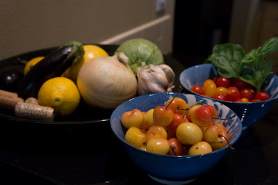 lemons, eggplant, cherries, tomatoes