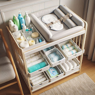 Organized baby changing station with safety features and essential supplies.