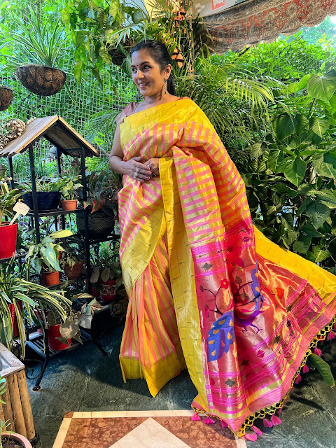 Florescent yellow and pink striped silk paithani