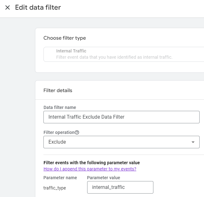 Screenshot of Edit data filter in Google Analytics 4