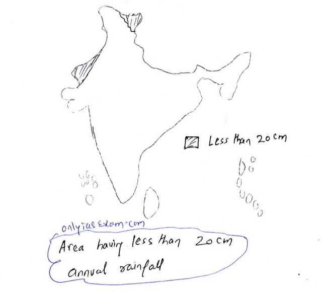 map of India shows the areas with less than 20 cm of rainfall