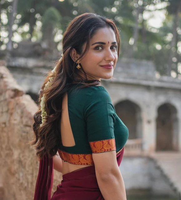 Ruhani Sharma Rings in the Festivities in Style with a Stunning Green and Maroon Half Saree