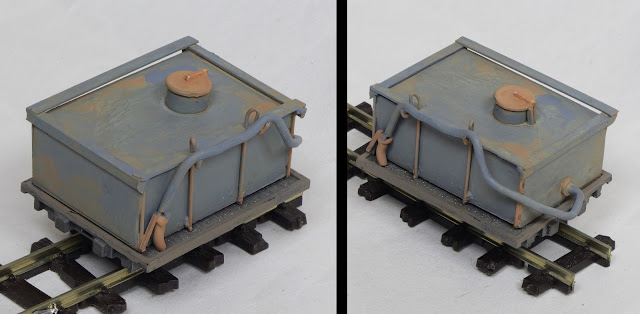 The finish tank now loosely placed onto one of the 3D printed flat wagons.