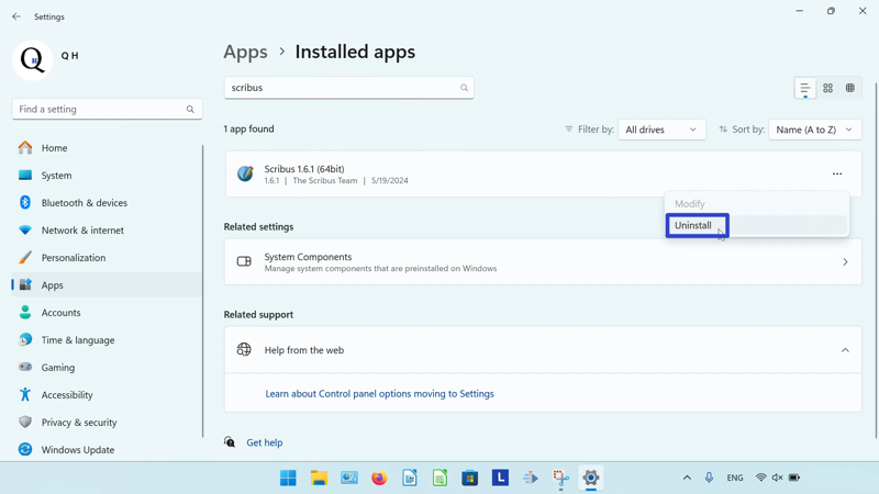 A screenshot of the cursor clicking the "Uninstall" option in the menu below the "..." button.