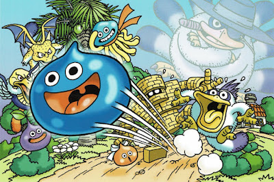 Slime de Dragon Quest saltando feliz. Hay otras criaturas del mundo DQ en el fondo