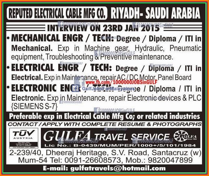 Free job Recruitment for Oil & Gas Refinery Project Abudhabi & Electrical cable Company KSA Job Vacancies