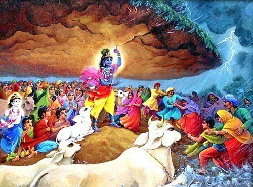 Krishna lifting the Govardhan Hill