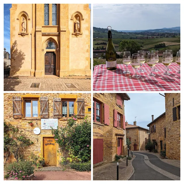 Collage of photos from a Beaujolais wine tasting day trip to Oingt