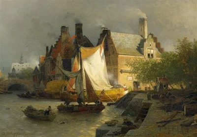 Mooring boats at a Dutch harbor painting Andreas Achenbach