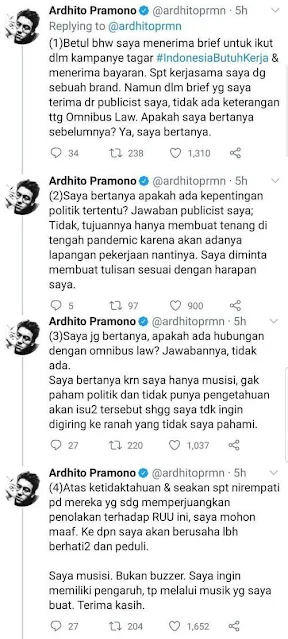 Musisi Ardhito Pramono mengakui menerima bayaran untuk mengangkat #IndonesiaButuhKerja