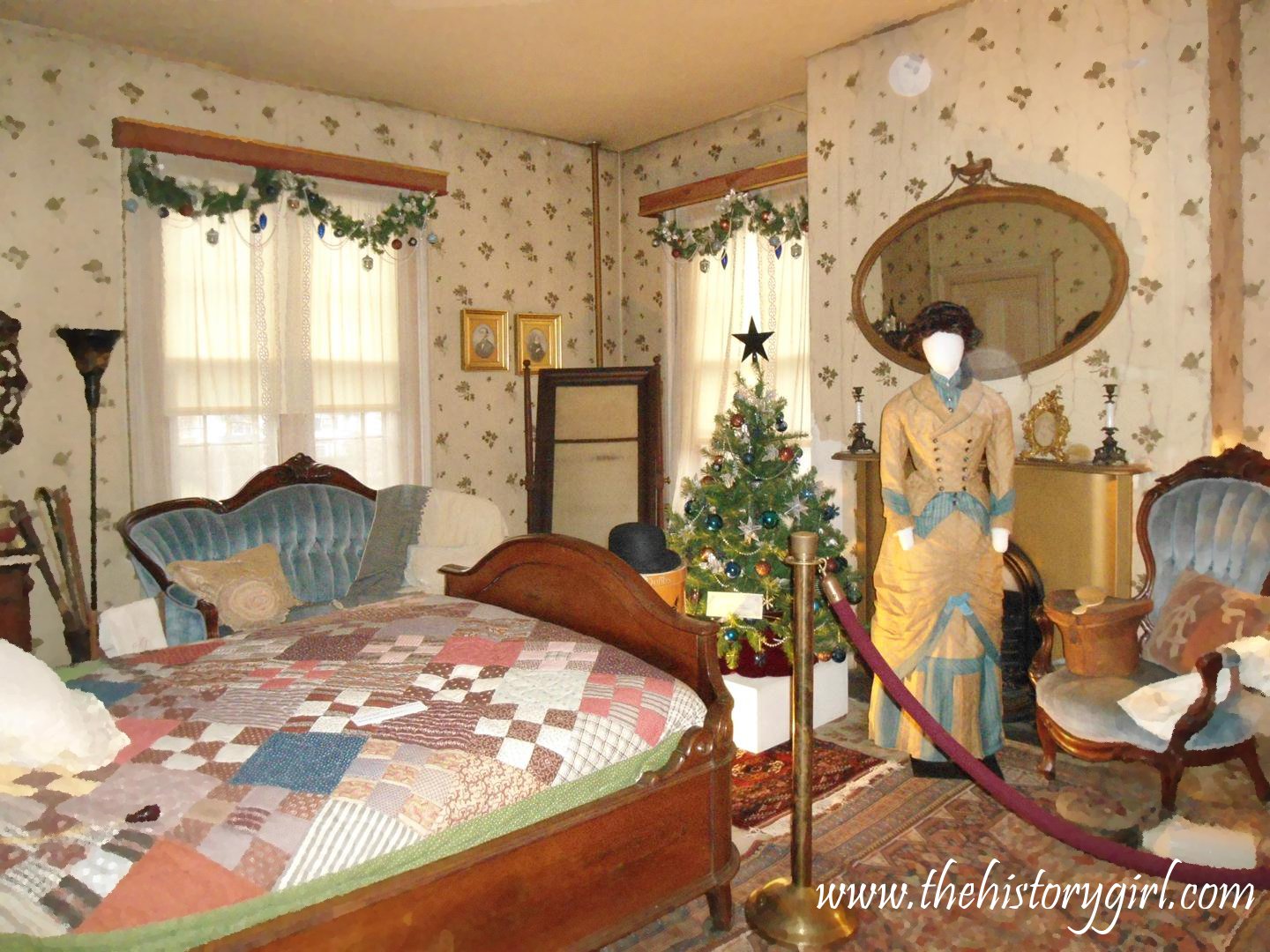 ... master bedroom, with original acorn-themed wallpaper, dating to 1860