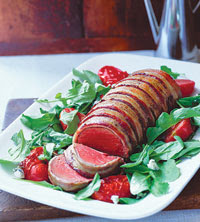 Bacon-Wrapped Beef Tenderloin with Roasted Tomatoes and Arugula