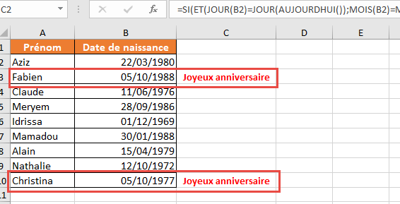 Alerte anniversaire le jour même en utilisant une formule