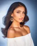 Afghan girl, off shoulder white top, portrait shot, AI generated image, thumbnail image